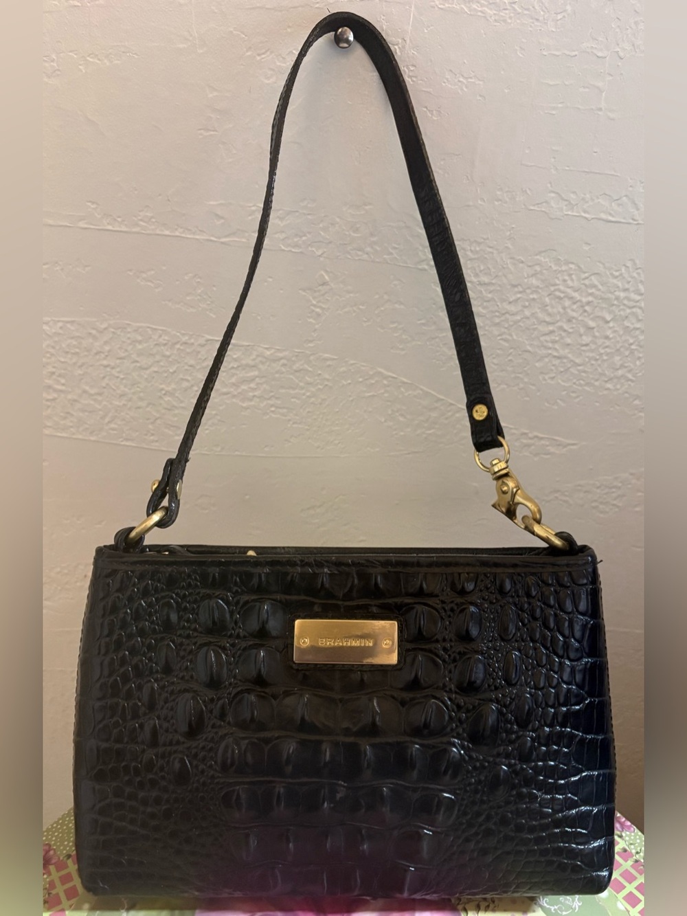 Brahmin Lorelei Black Croc-Embossed Shoulder Bag w/Gold Plaque